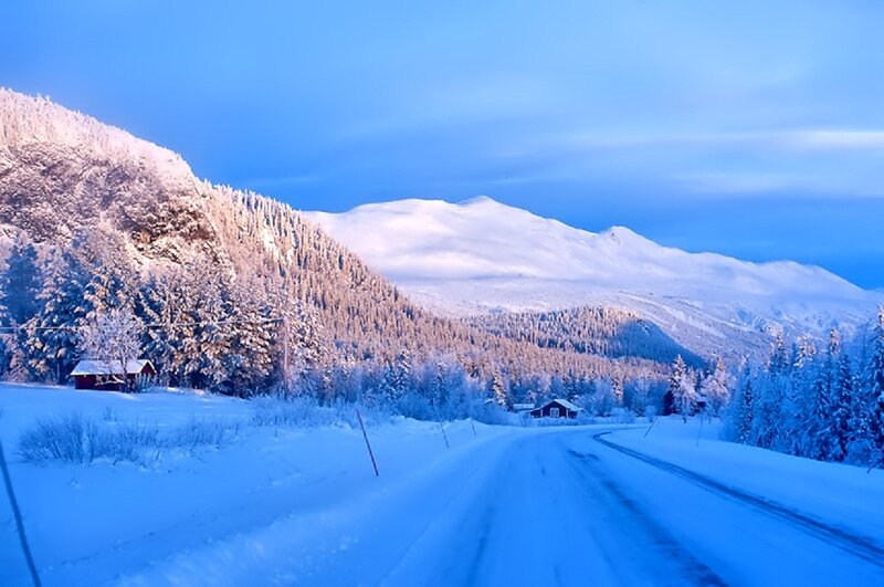 Snow-covered Road in Mountains — Blue, Serene