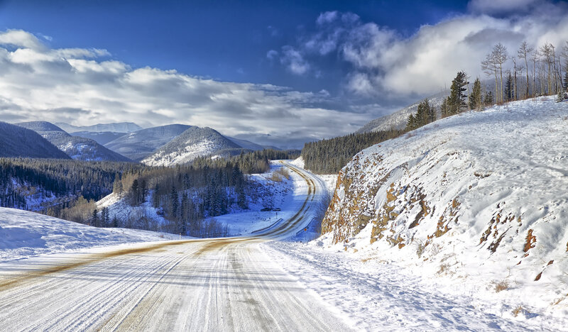 Snow-covered Road in Mountains — Blue, Serene, Winter, Photograph