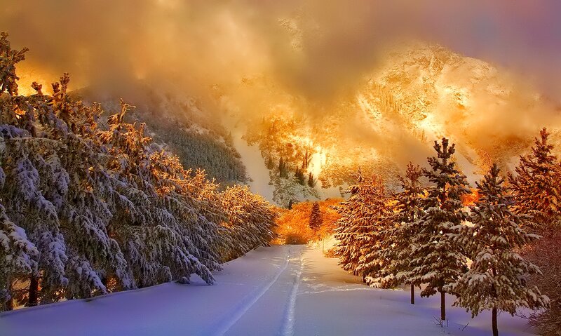 Snow-covered Road in Mountains — White, Dramatic