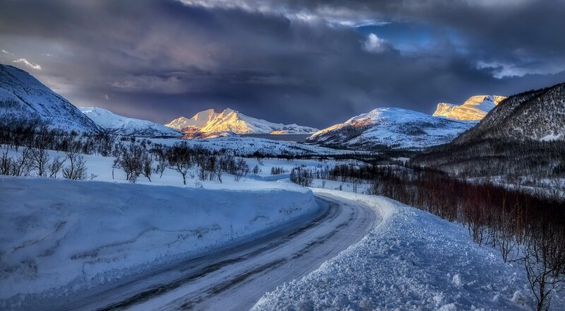Snow-covered Road in Mountains — White, Dramatic, Winter
