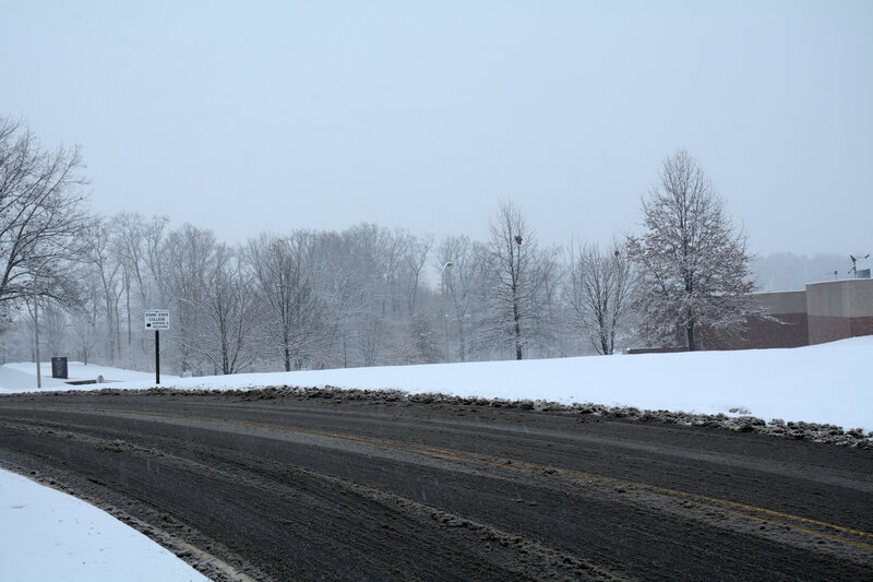 Snow-covered Road — White, Cold, Winter, Photograph, Trees, Sign