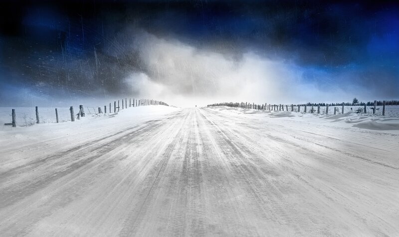 Snow-covered Road — White, Dramatic, Winter, Photograph, Fences
