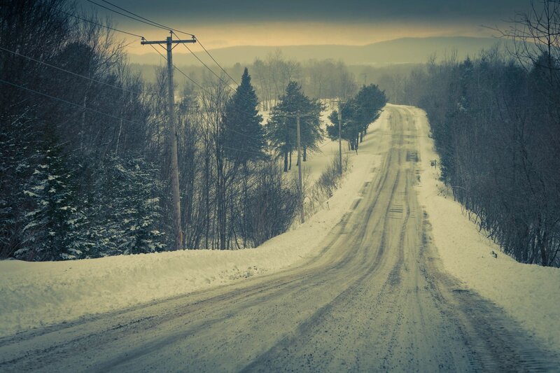 Snow-covered Road — White, Dreary, Winter, Photograph, Trees