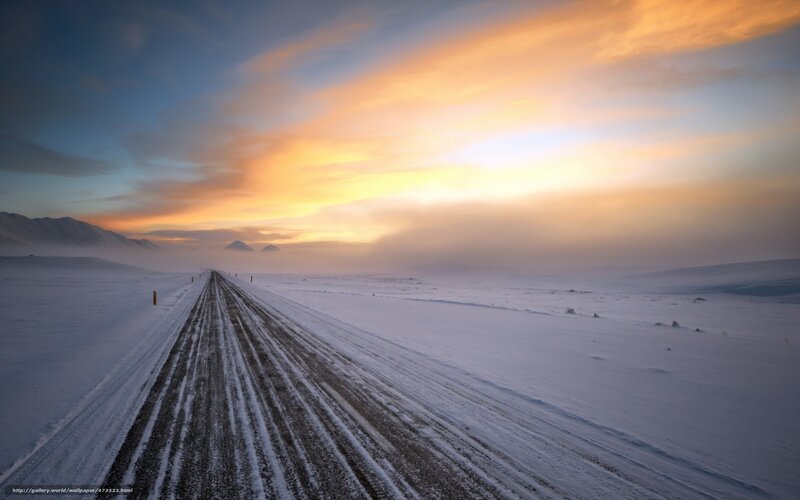 Snow-covered Road — White, Serene, Sunset