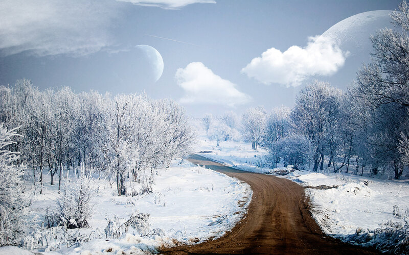 Snow-covered Road — White, Serene, Winter, Digital Art