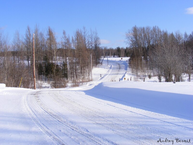Snow-covered Road — White, Serene, Winter, Photograph, Trees, Power Lines, Signs