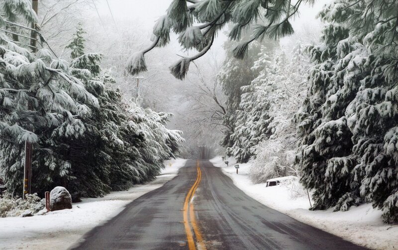 Snow-covered Road — White, Serene, Winter, Photograph, Trees, Snow, Yellow Lines