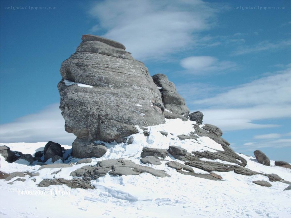 Snow-covered rock formation