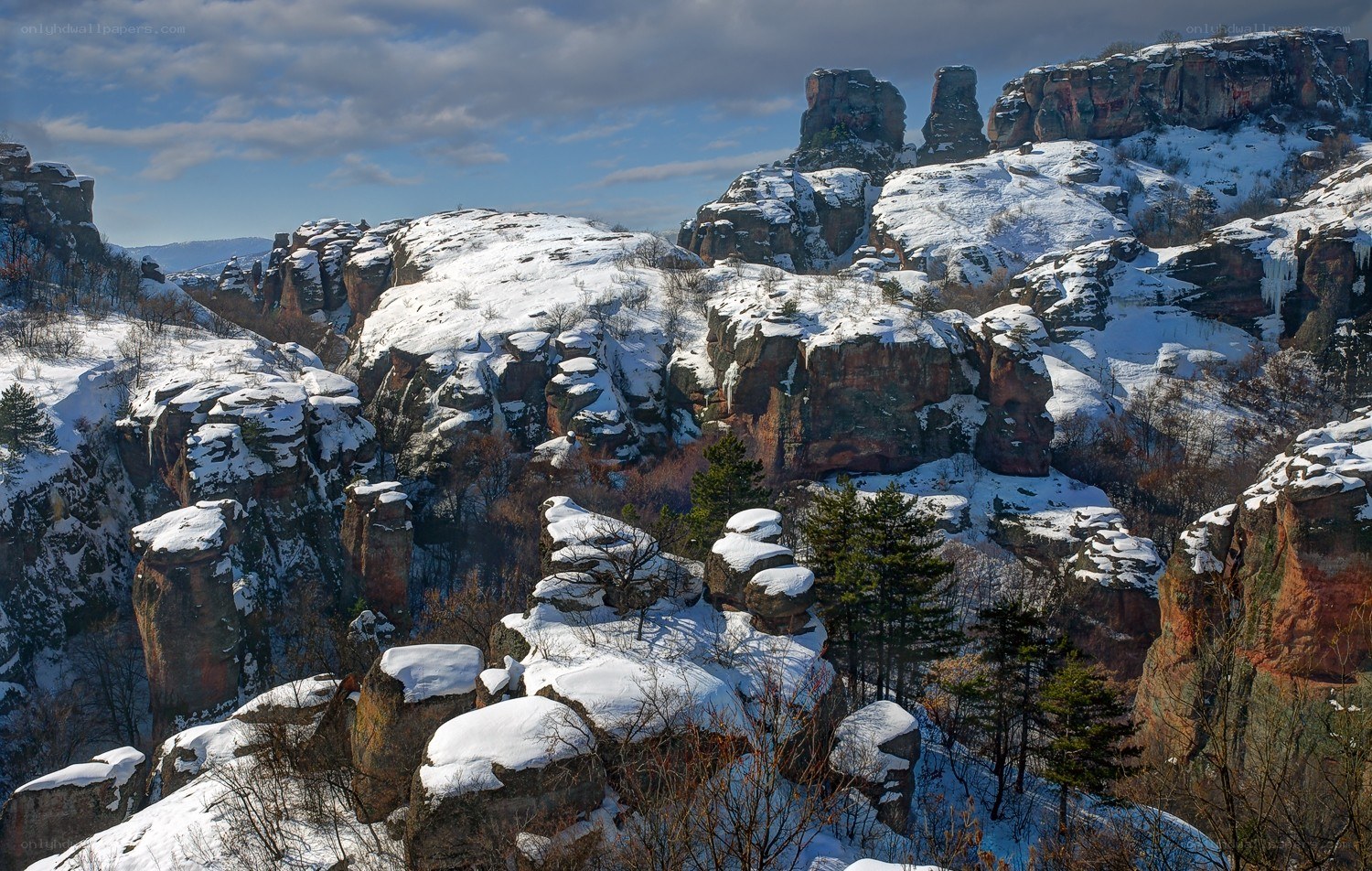 Snow-covered rock formations