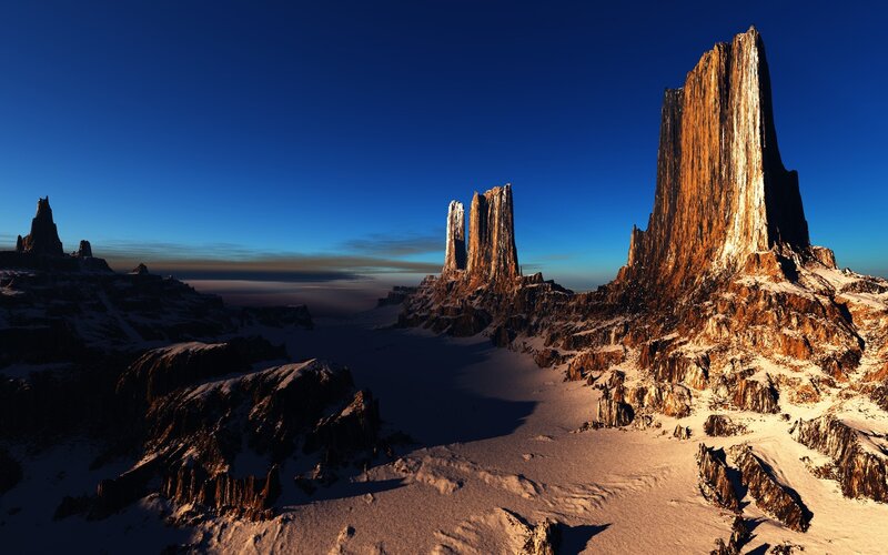 Snow-covered Rock Formations — Blue, Dramatic, Sunrise