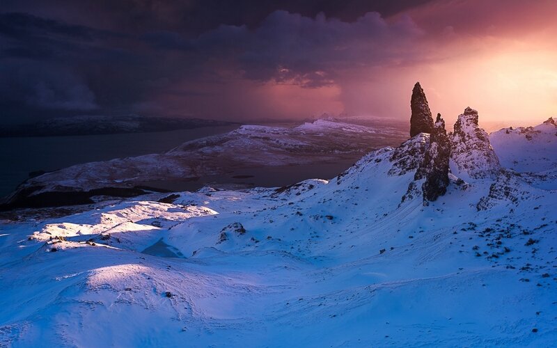 Snow-covered Rock Formations — Blue, Dramatic, Sunset