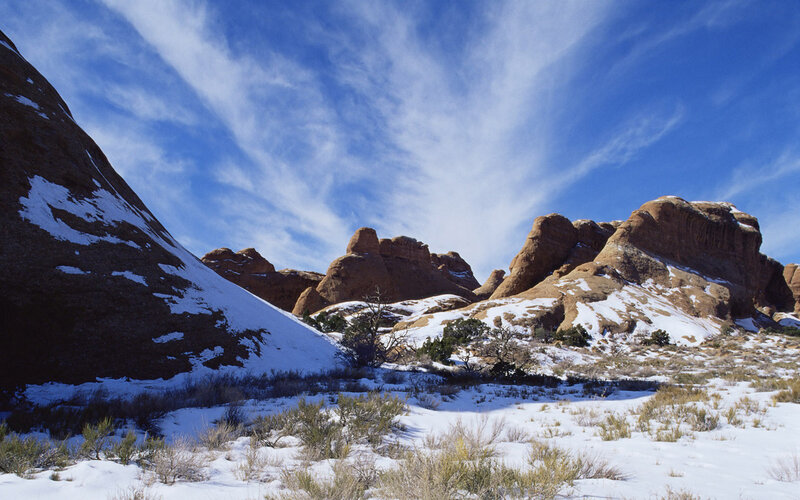 Snow-covered Rock Formations — Blue, Serene, Winter, Photograph, Rock Formations