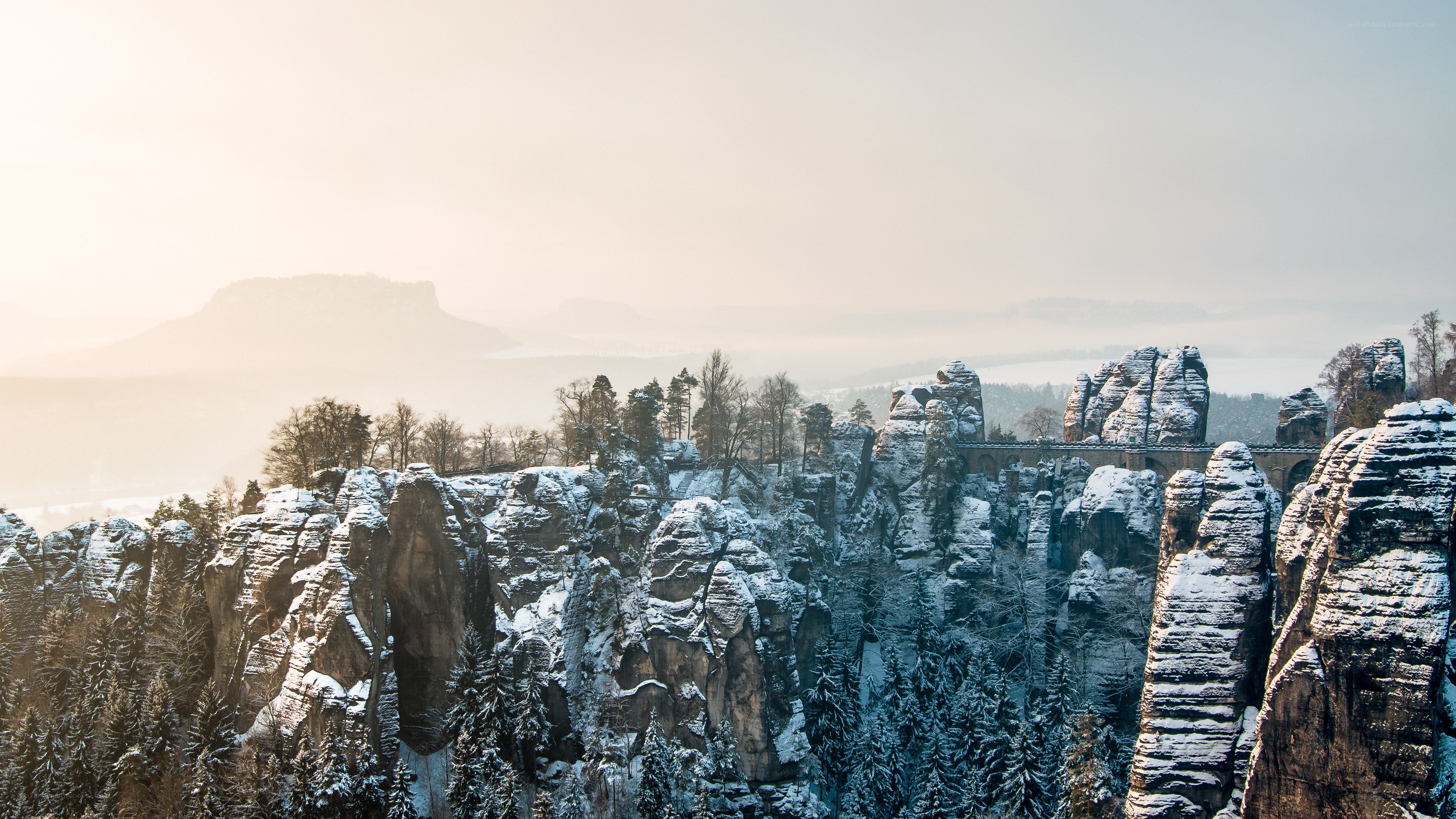 Snow-covered rock formations in winter