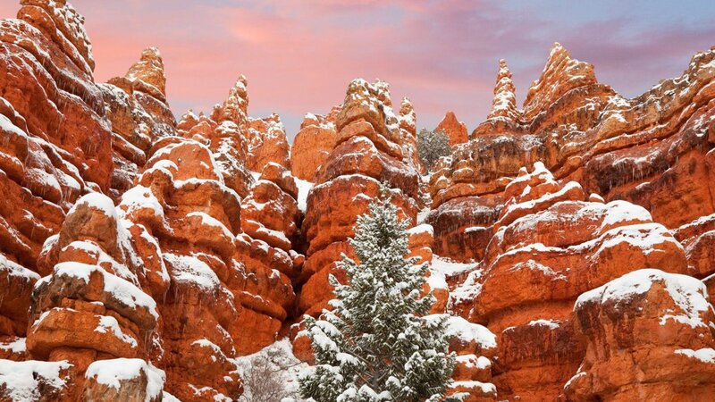 Snow-covered Rock Formations — Red, Dramatic