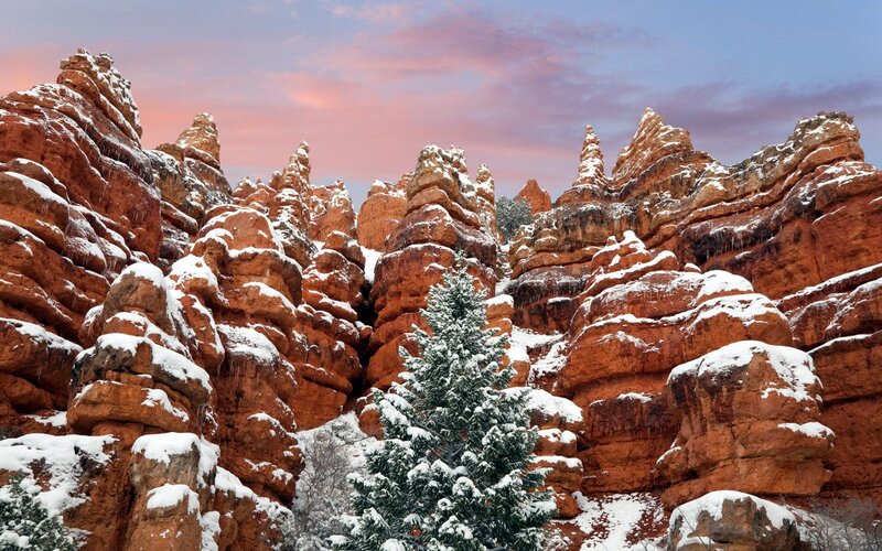 Snow-covered Rock Formations — Red, Serene, Winter