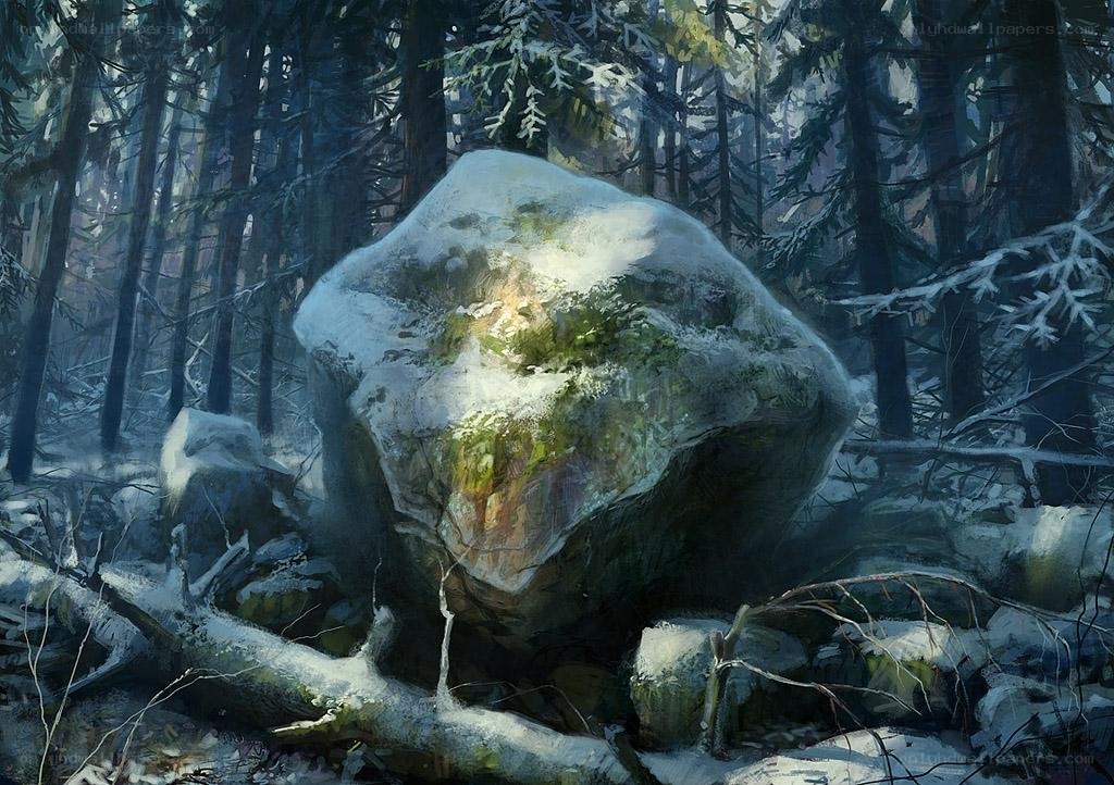 Snow-covered rock in winter forest
