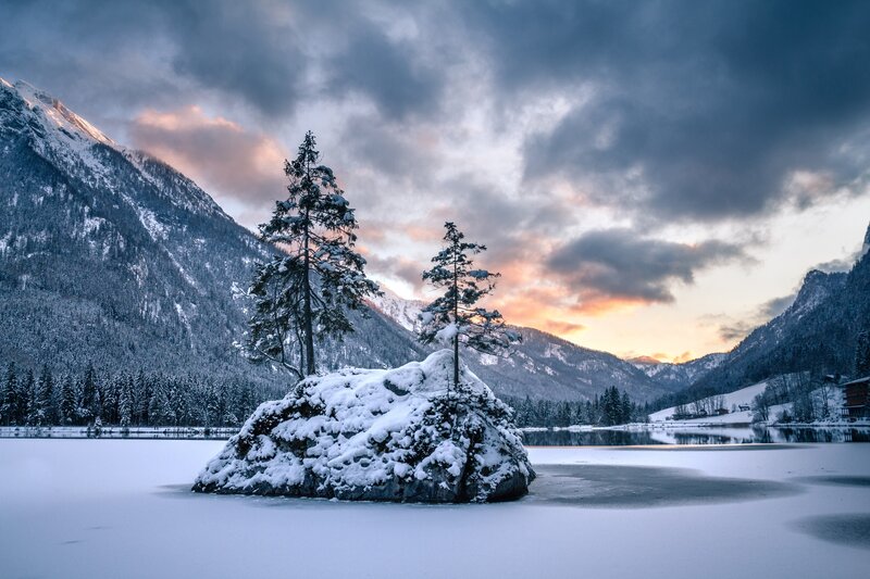 Snow-covered Rock with Trees
