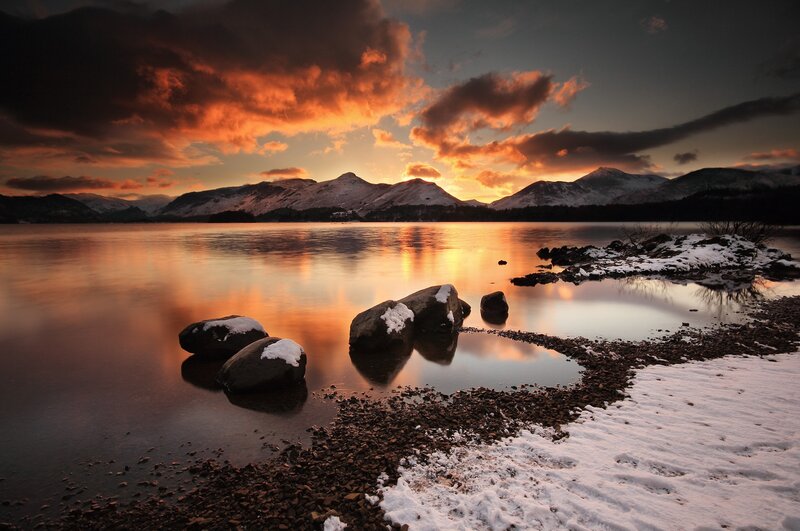 Snow-covered Rocks at Lake — Orange, Dramatic, Sunset