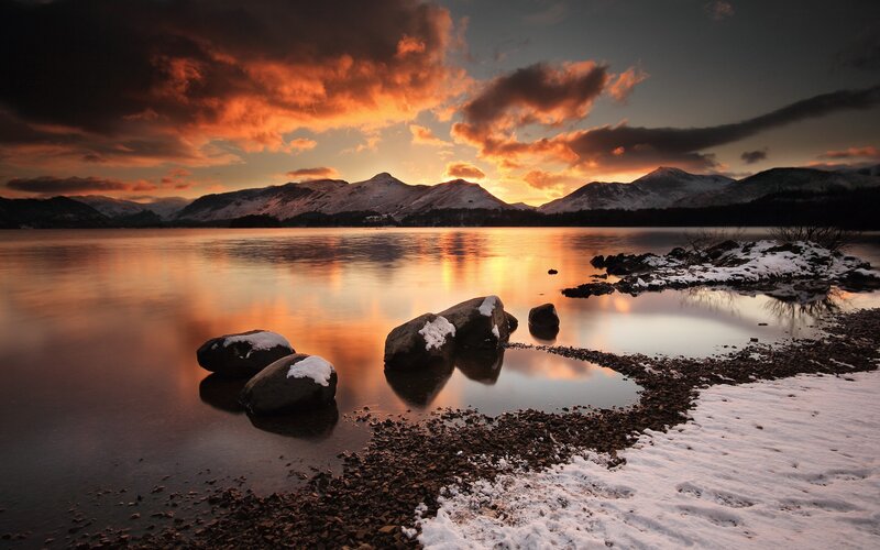 Snow-covered Rocks at Lake — Orange, Dramatic