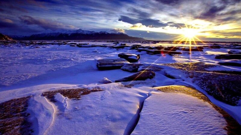 Snow-covered Rocks at Sunset — Blue, Dramatic, Photograph, Mountains