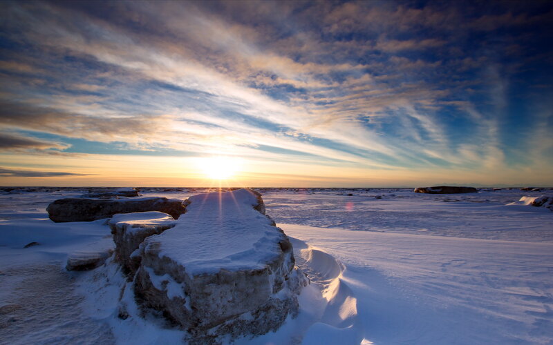 Snow-covered Rocks at Sunset — Blue, Dramatic, Photograph, Sun, Clouds