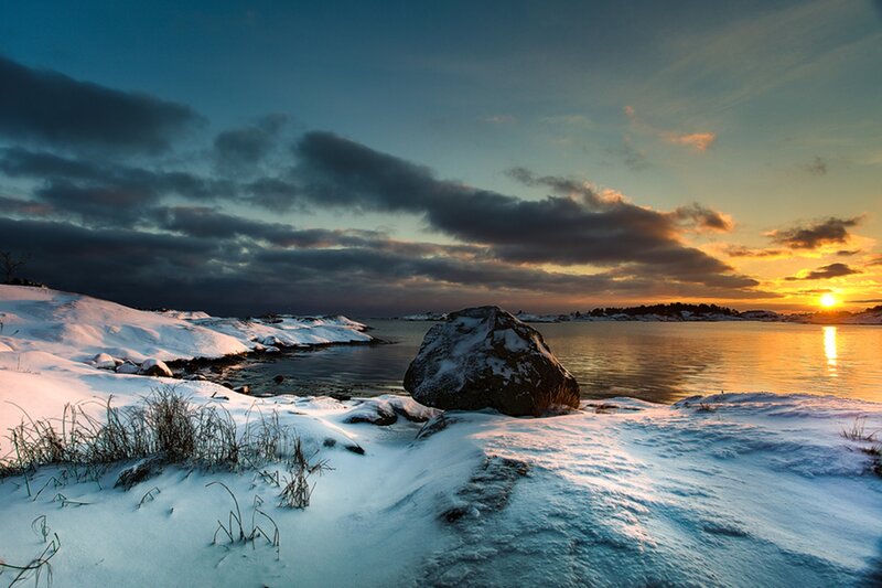 Snow-covered Rocks at Sunset — Blue, Dramatic
