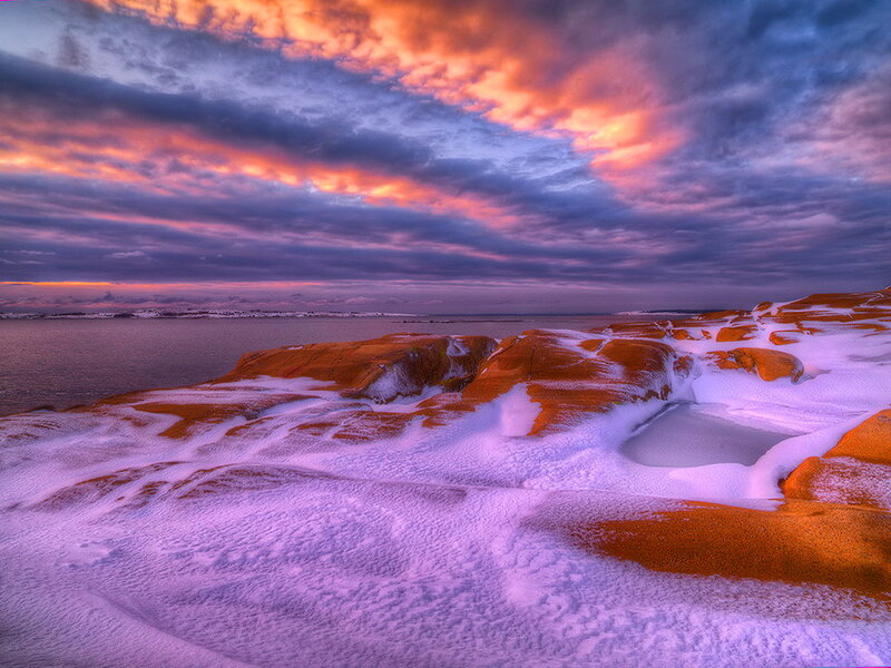 Snow-covered Rocks at Sunset — Purple