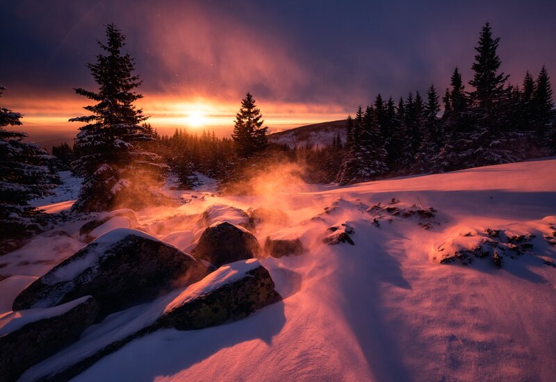 Snow-covered Rocks at Sunset — Red, Dramatic, Photograph