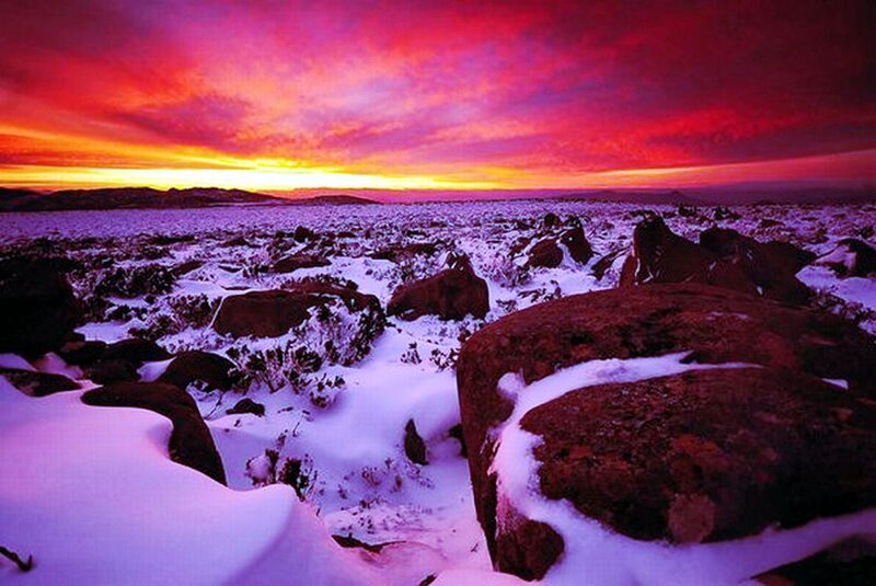 Snow-covered Rocks at Sunset — Red, Dramatic