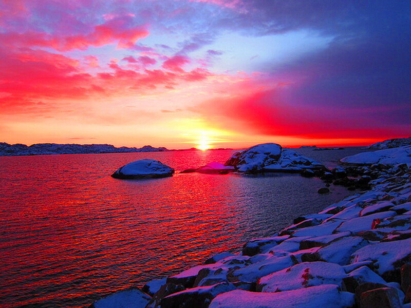 Snow-covered Rocks at Sunset — Red