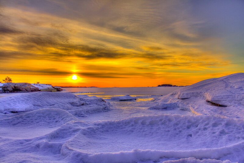 Snow-covered Rocks at Sunset — Yellow, Dramatic