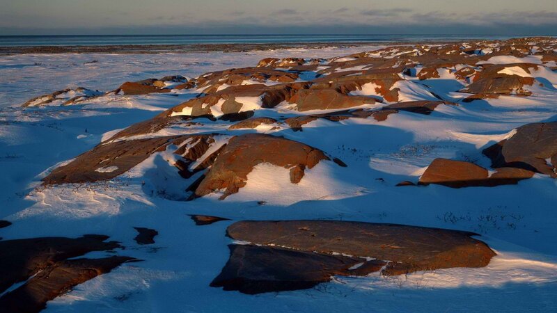Snow-covered rocks at the coast