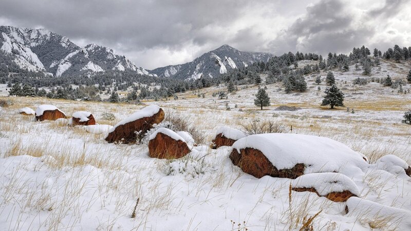 Snow-covered Rocks in Field — White, Dramatic