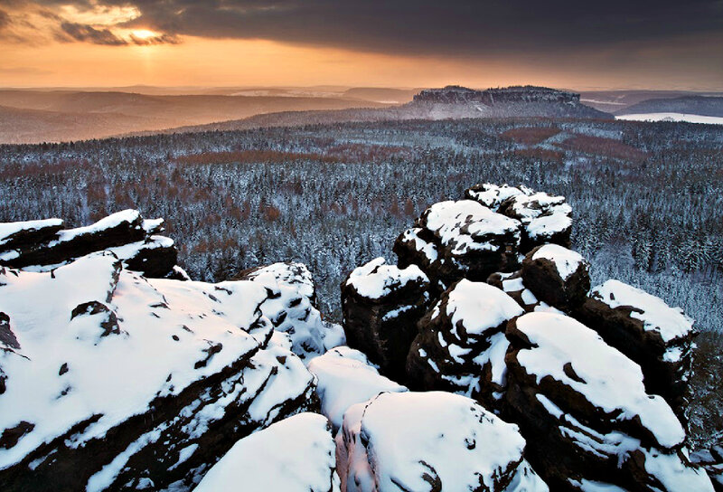 Snow-covered Rocks in Forest — White, Dramatic