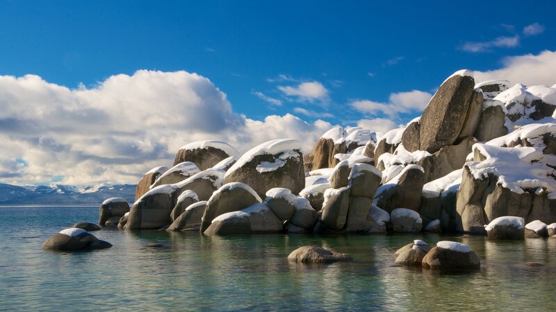 Snow-covered Rocks in Lake — Blue, Serene
