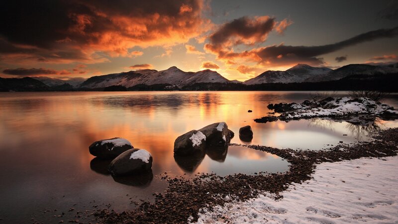 Snow-covered Rocks in Lake — Orange