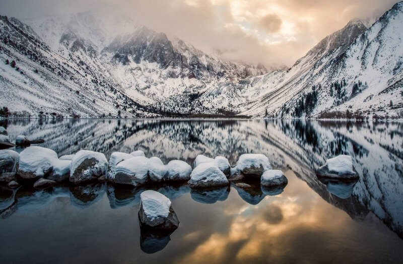 Snow-covered Rocks in Lake — White, Serene