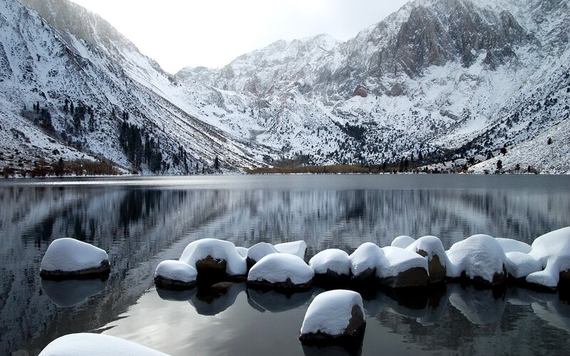 Snow-covered Rocks in Lake — White