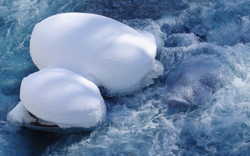 Snow-covered Rocks in River — Blue, Cold, Winter