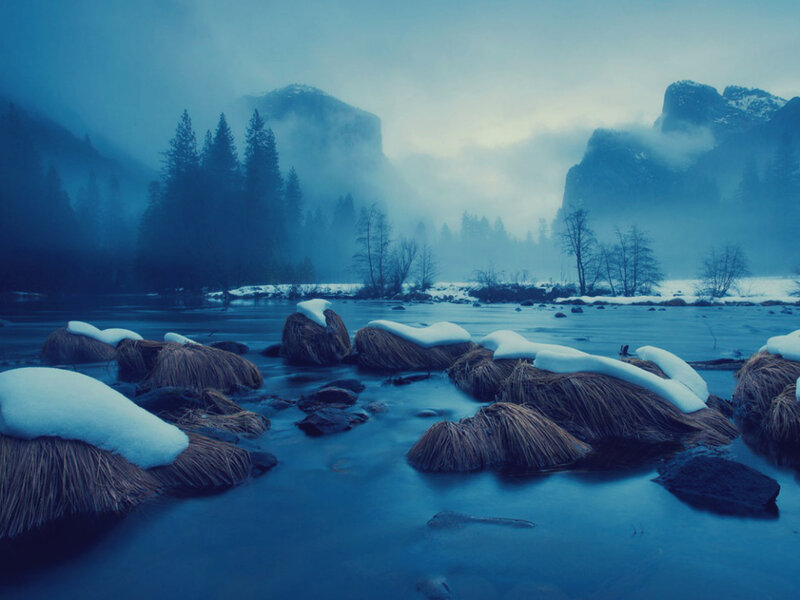 Snow-covered Rocks in River — Blue, Misty