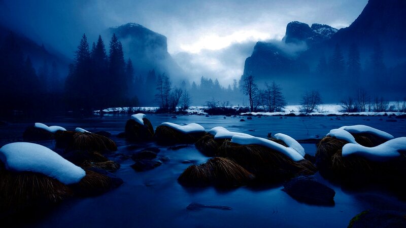 Snow-covered Rocks in River — Blue, Misty, Winter