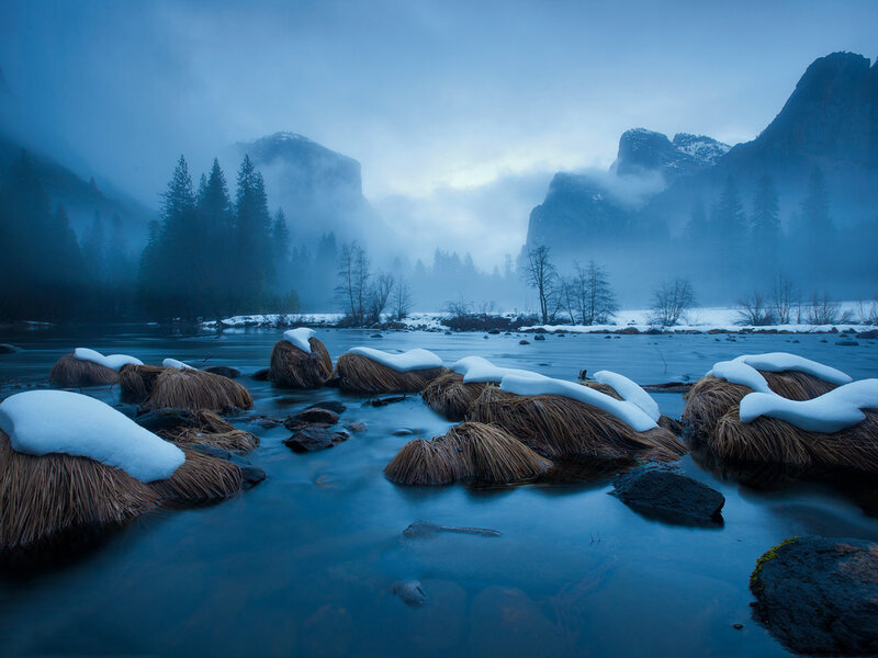 Snow-covered Rocks in River — Blue, Serene
