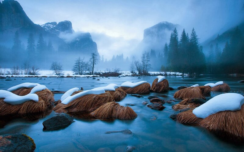 Snow-covered Rocks in River — Blue, Serene, Winter, Photograph