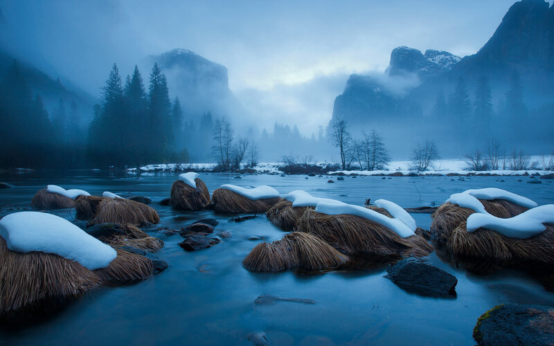 Snow-covered Rocks in River — Blue, Serene, Winter