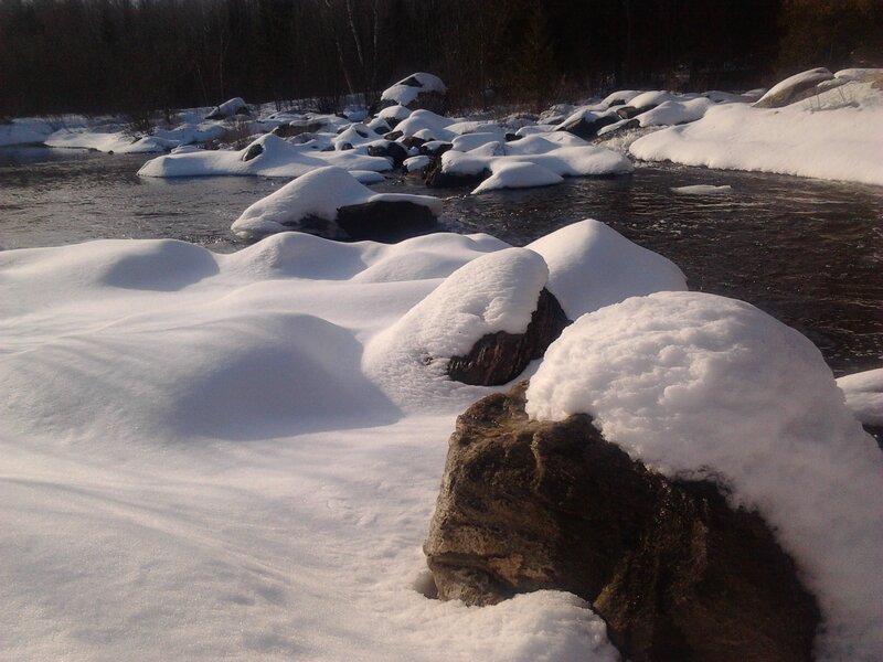 Snow-covered Rocks in River — White