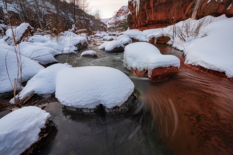 Snow-covered Rocks in Stream — White