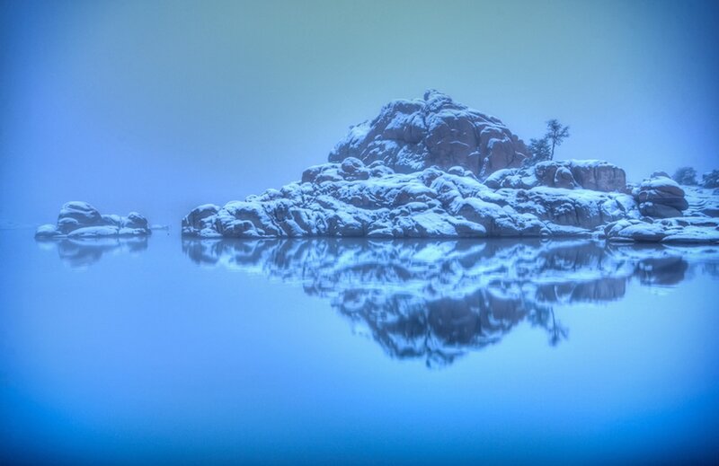 Snow-covered Rocks in Water — Blue, Serene