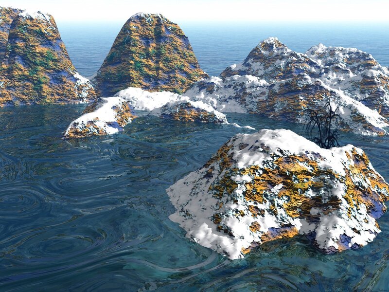 Snow-covered Rocks in Water — Blue