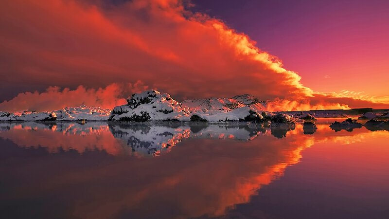 Snow-covered Rocks in Water — Red