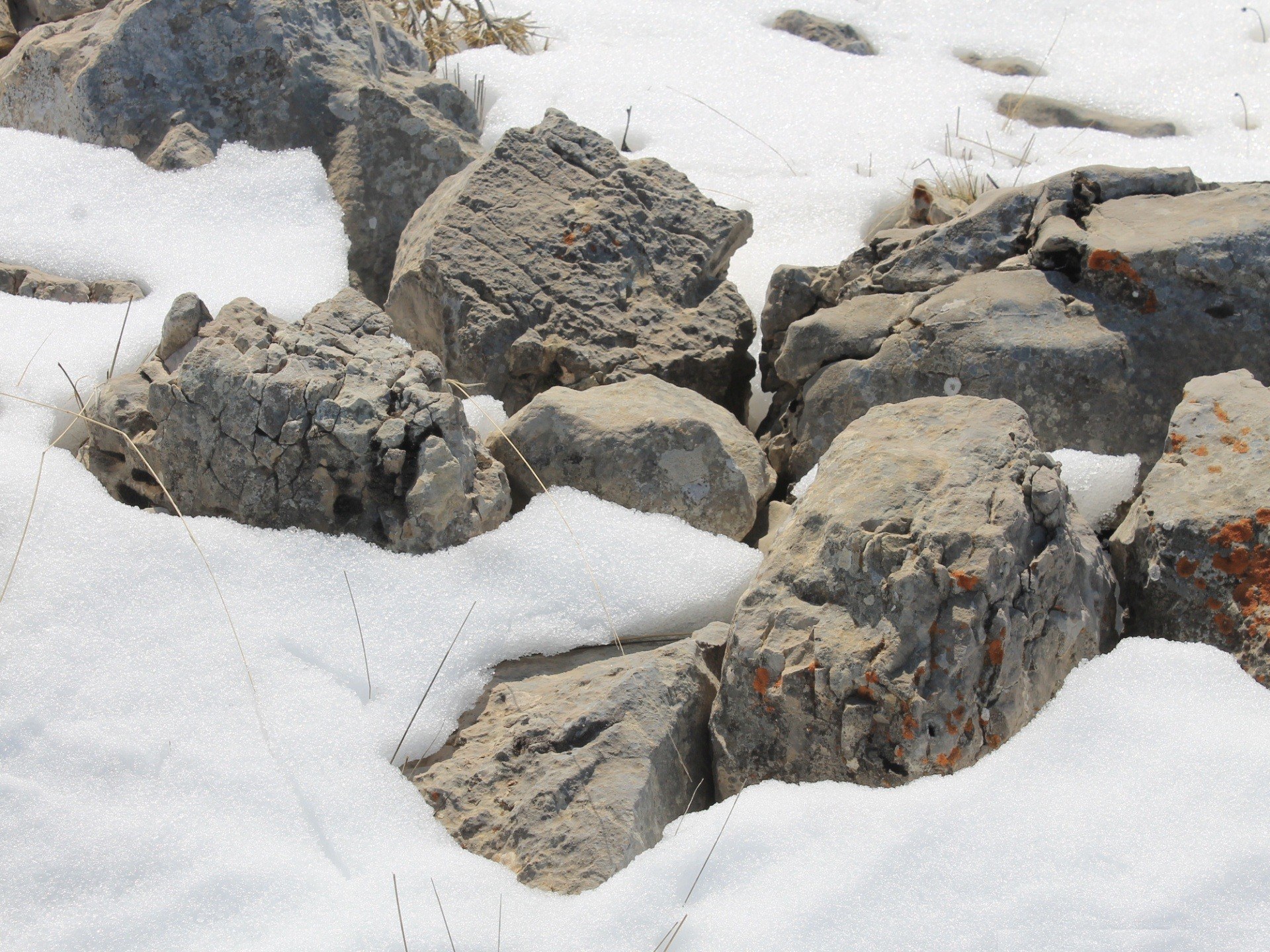 snow-covered rocks in winter